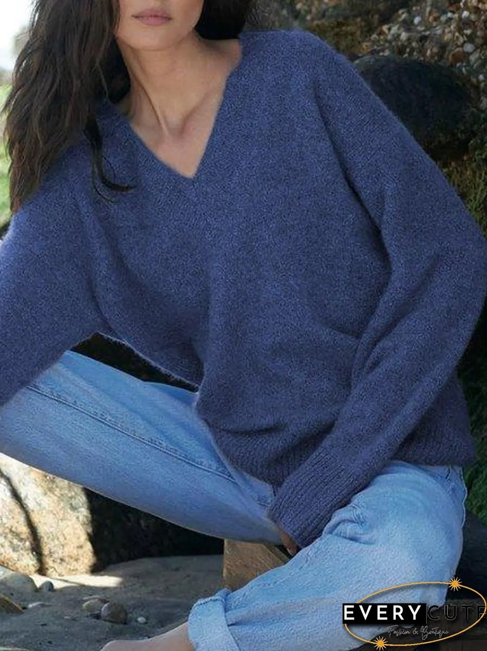 Shift Casual V Neck Solid Sweater