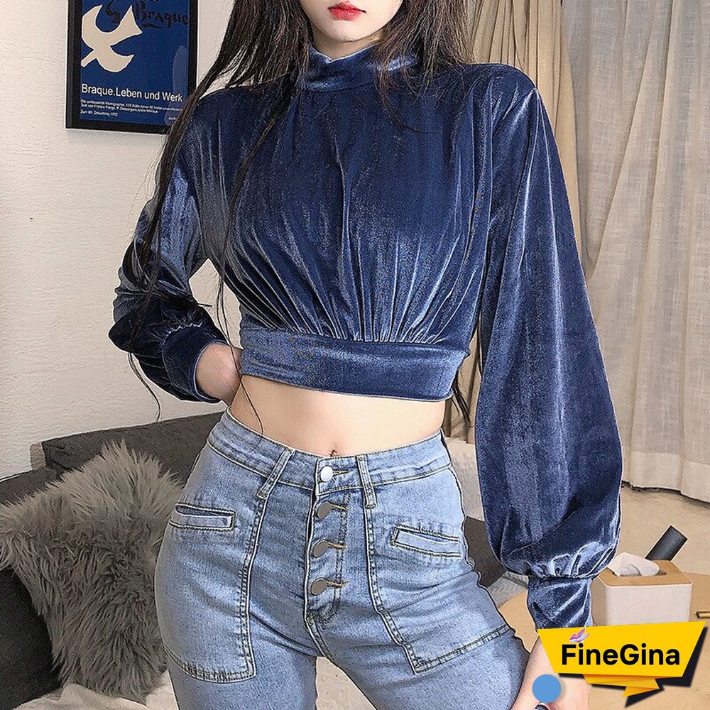 Elegant Turtleneck Velvet Crop Tops Women Autumn Solid Long Sleeve Sweatshirts Pullover Female Korean Fashion Streetwear