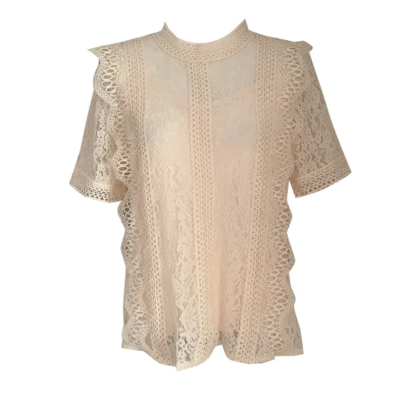 Brownm Brownm Top Retro Women's Summer 2025 New Lace Lace Hollow Shirt Temperament Slim Chic Short-Sleeved Shirt