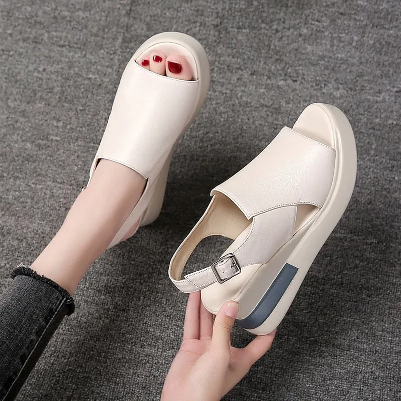 Slope Heel Slippers Female Summer New Style Female Summer Fashion Thick-soled Sandals Leather Slope High-heeled Sandals