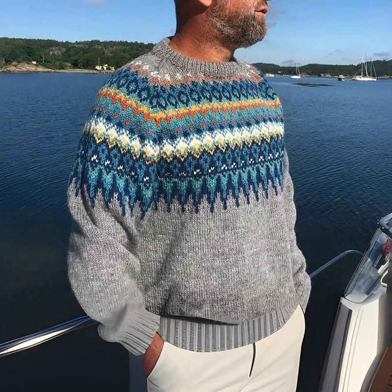 Contrasting Blue And Gray Geometry Icelandic Pullover Sweater