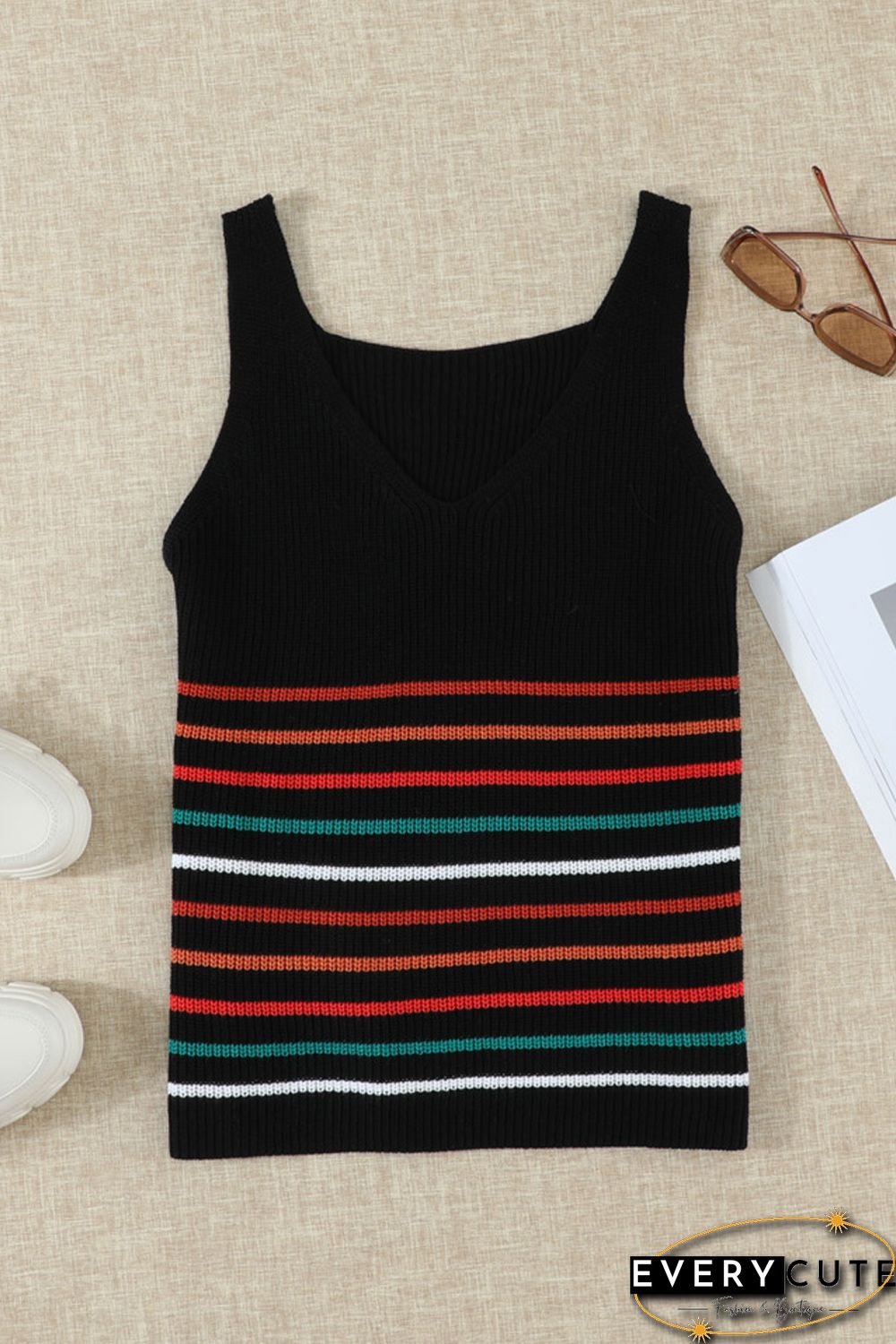 Multicolor Stripes Black Knit Tank Top