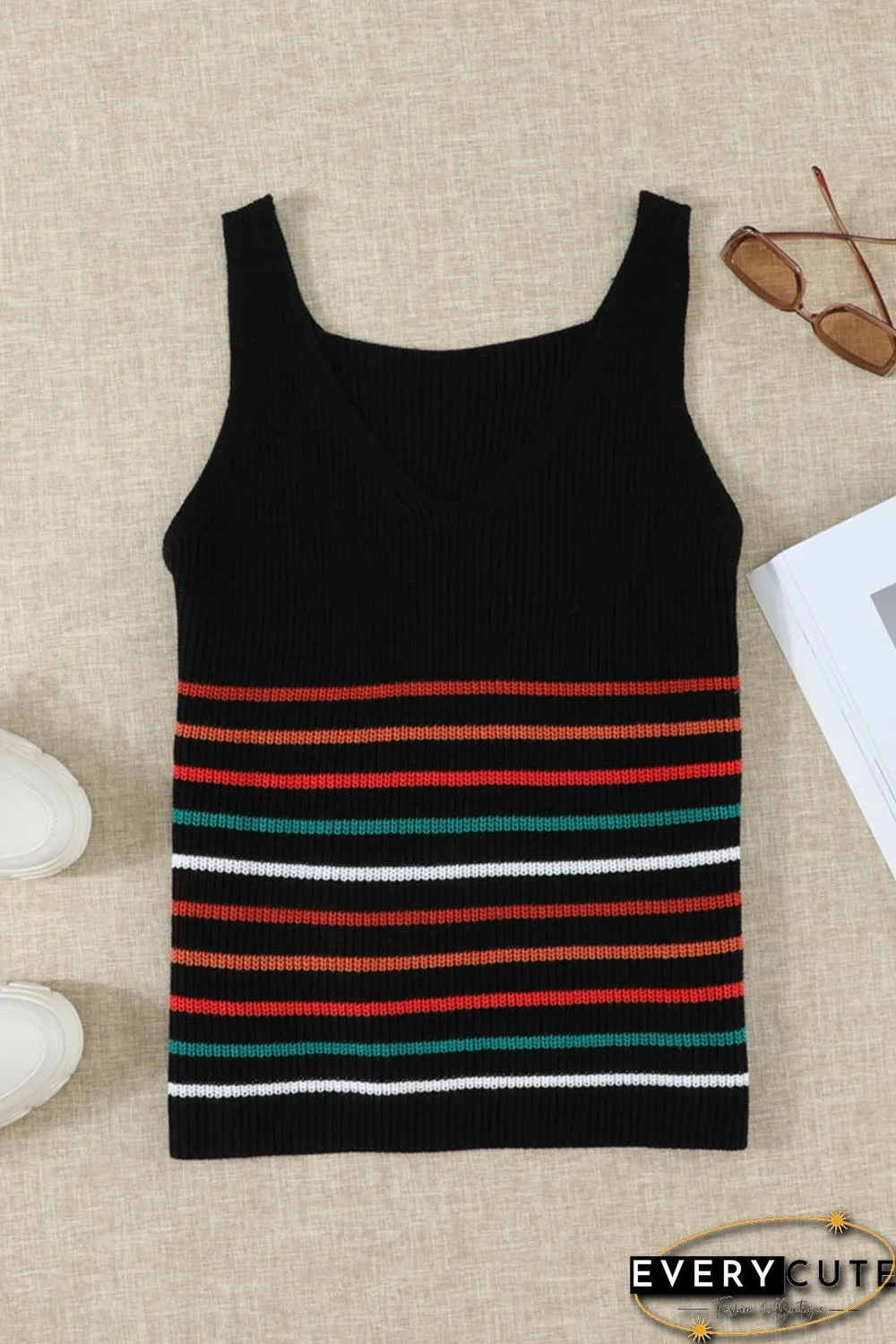 Multicolor Stripes Black Knit Tank Top