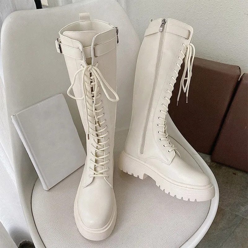 New Women Boots Mid Calf Boots Solid Color Lace Up Female Boots Platform Non Slip Zipper Ladies Fashion Motorcycle Shoe 2021