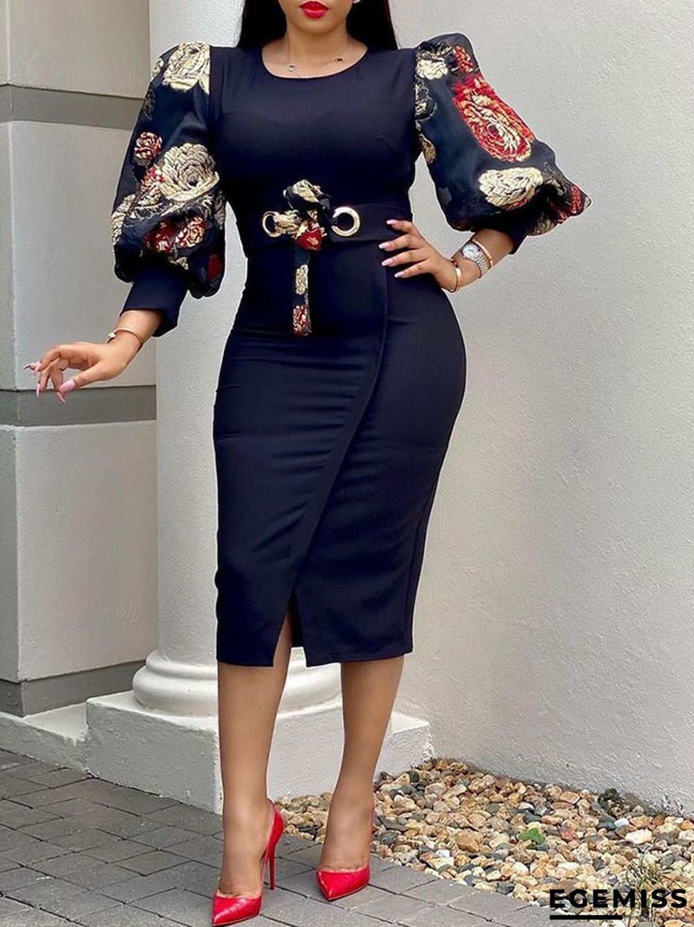 Commuter Large Size Printed Dress Black Dresses | EGEMISS