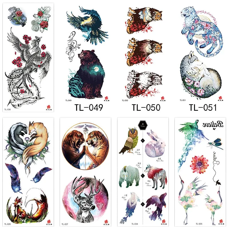 1~8 pieces of animal plants wolf bear bird art tattoo stickers disposable waterproof temporary tattoo stickers for men and women