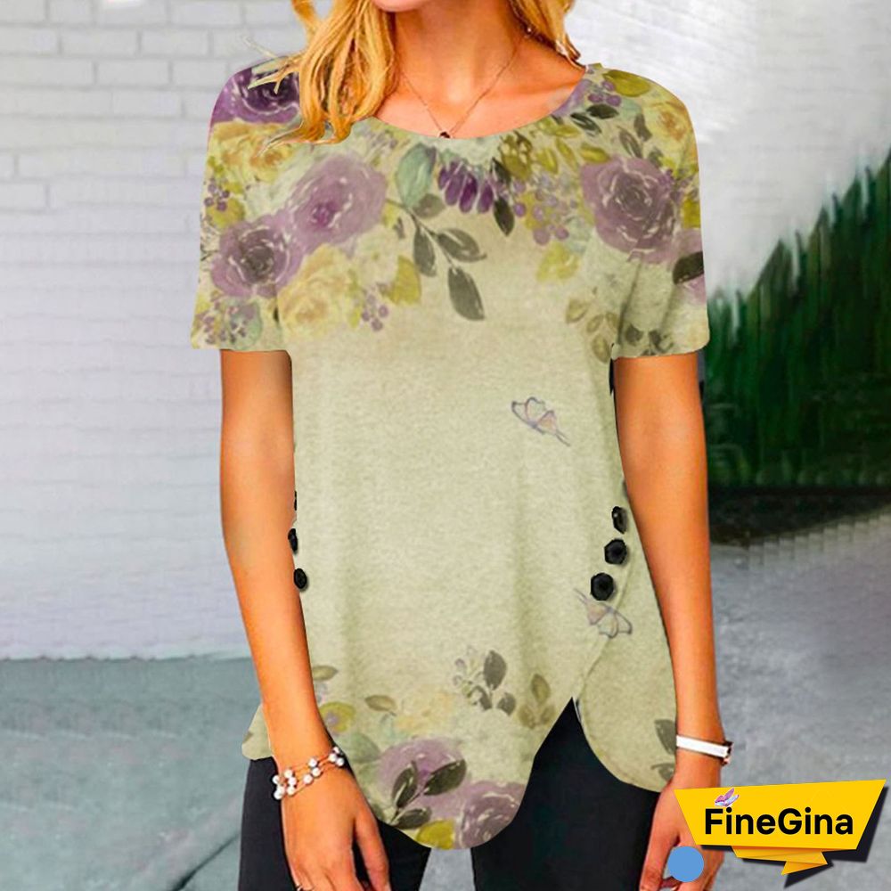 Crew Neck Plant Print Side Split Button Tee