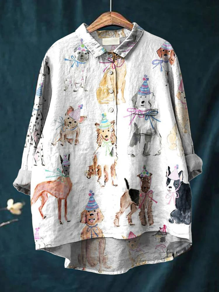 Women's Birthday Hat Cartoon Dog Print Casual Cotton And Linen Shirt