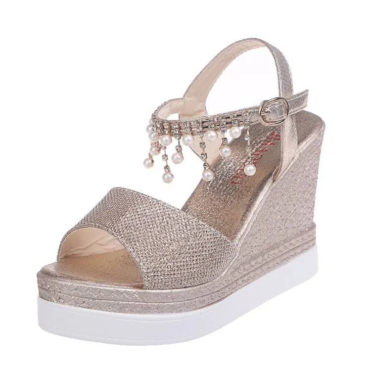 34-40 Size Summer Women Shoe 9cm Heel Height Open Toe Women Sandals Fashion Wedges Pearl Bling Sandals Peep-toe  Easy Match Shoe