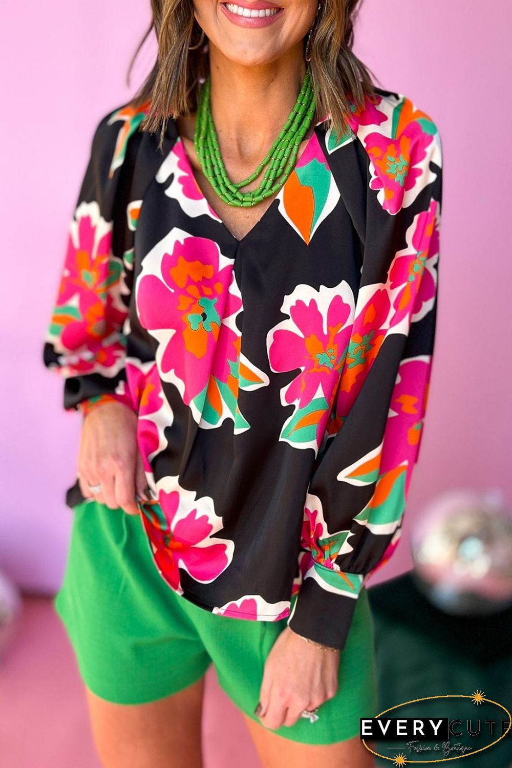 Black Rose Flower Print Puff Sleeve Blouse
