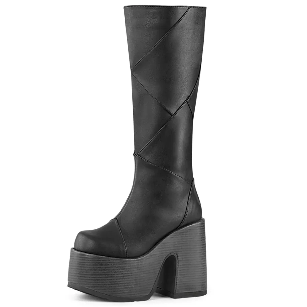 Black Block Heel Back Zipper Round Toe Knee High Platform Boots