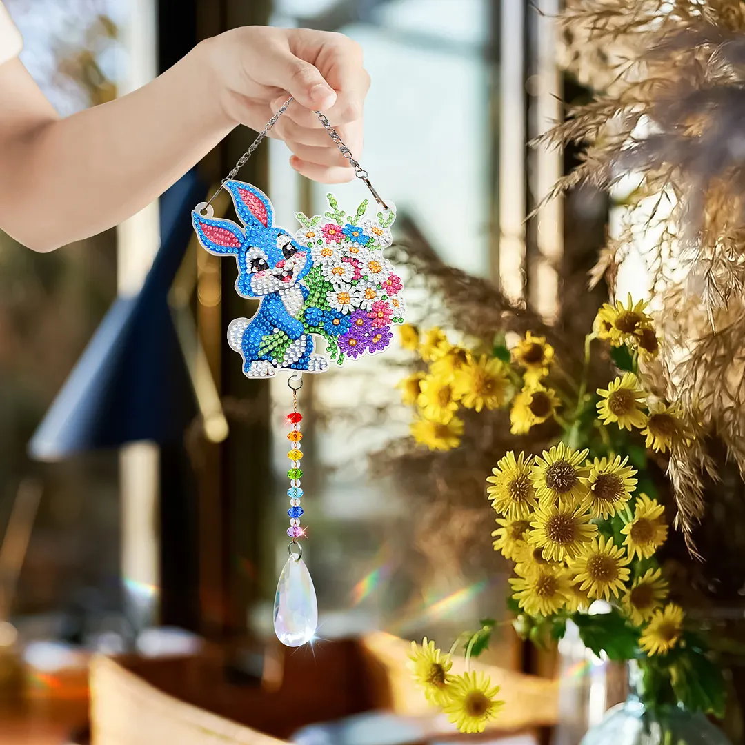 2Pcs Flower Rabbit DIY Double-Sided Diamond Painting Hanging Kits Diamond Painting Suncatcher Craft Kit for Home Garden Wall Decor Gift