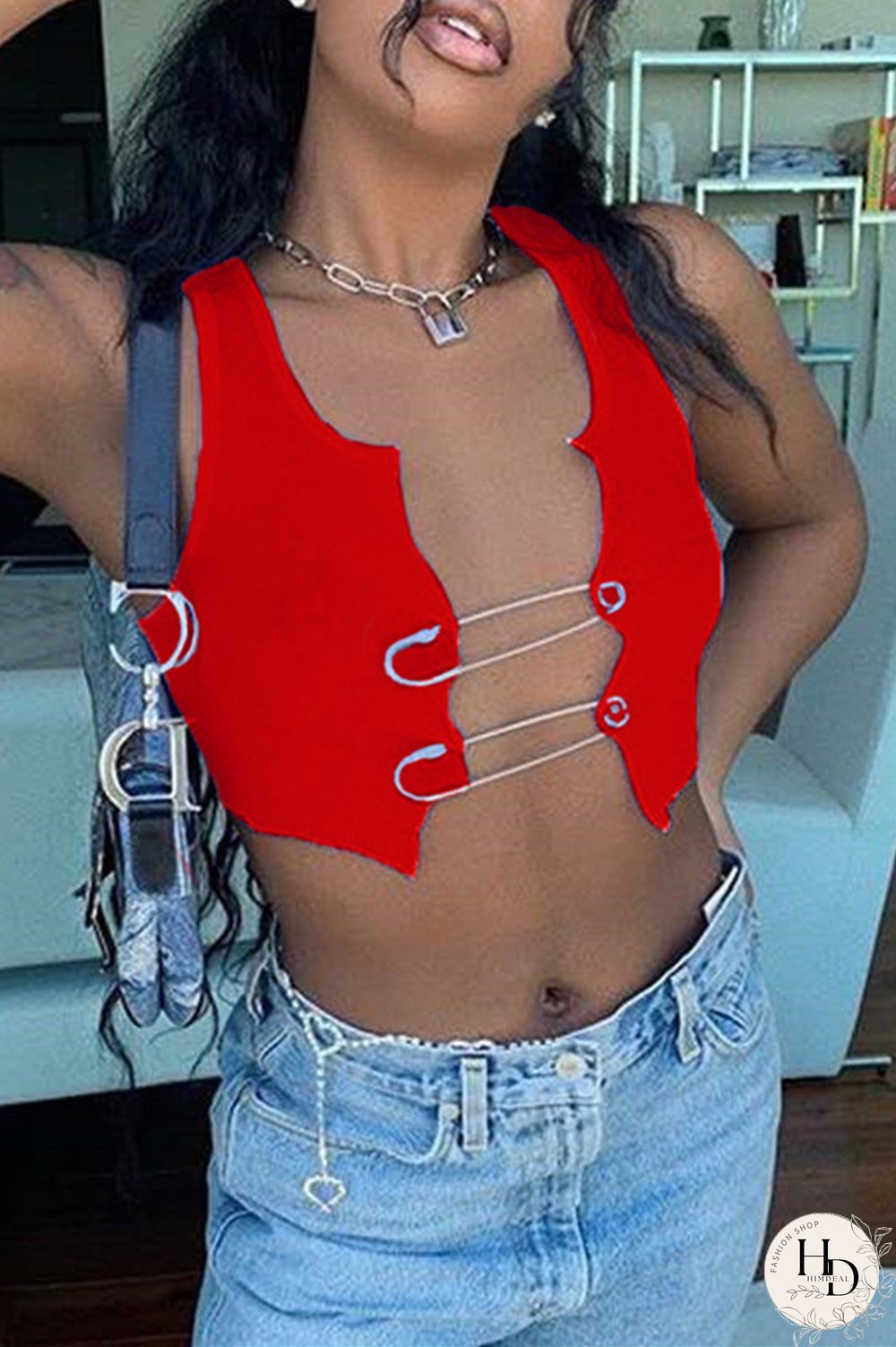 Red Fashion Sexy Spaghetti Strap Sleeveless Spaghetti Strap Short Solid Tops
