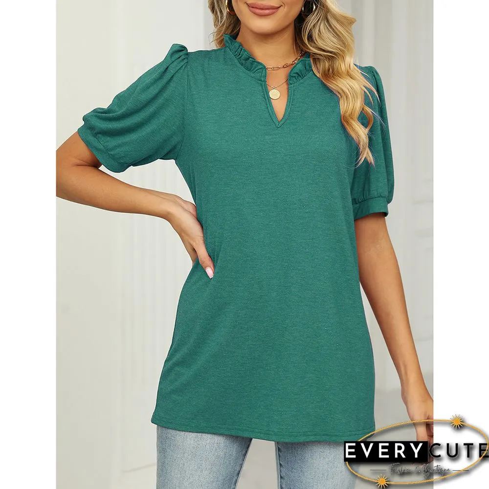 Green Pleated V Neck Short Sleeve Tees
