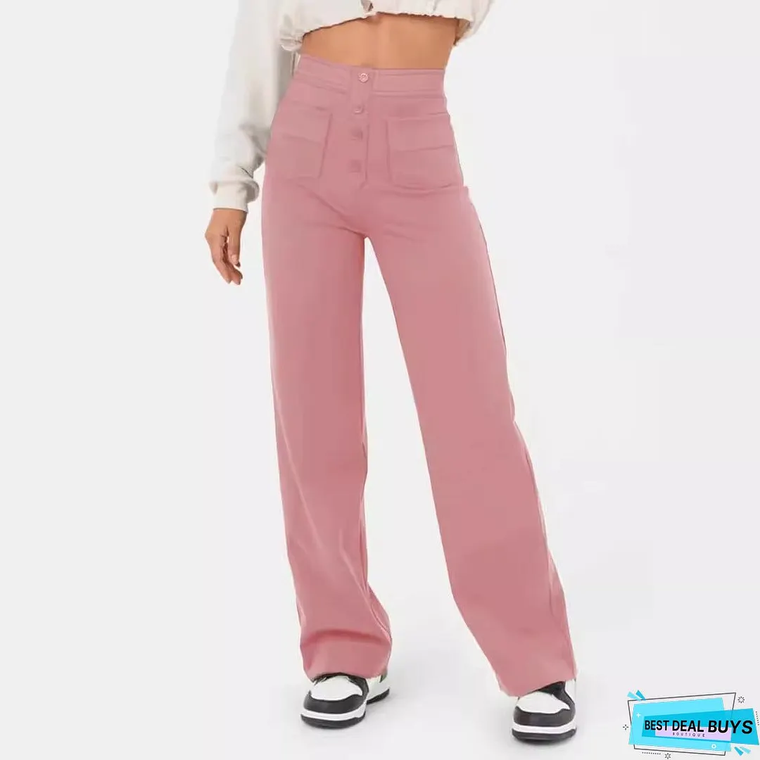 Women's Straight High Waist Button Elastic Band Pants