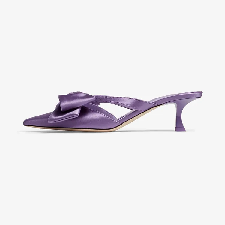 Purple Party Pump Mules with Satin Pointed Toe and Bow Kitten Heels Vdcoo