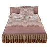 3pcs Retro Ice Silk Bed Skirt Set with Ruffle Wedding Bedspread Mattress Cover with 2 Pillowcases Machine Washable Elegant Home Decoration