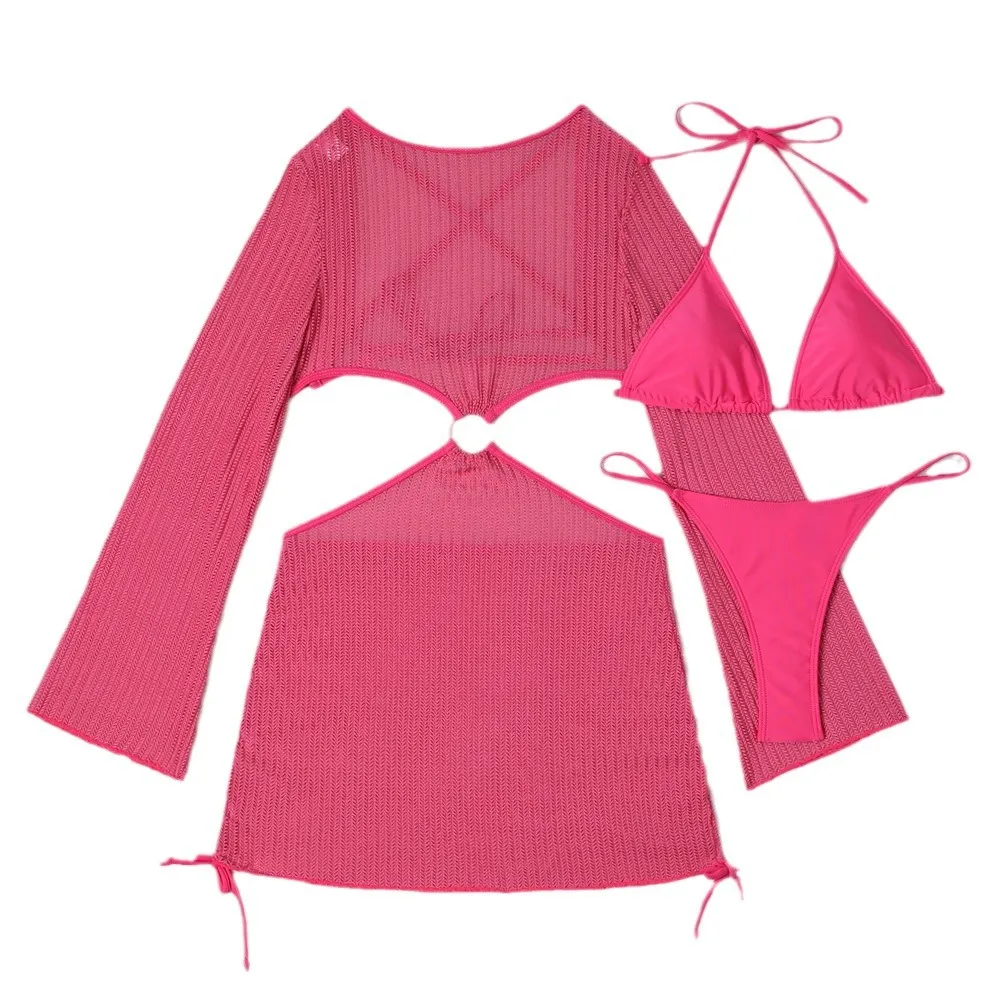 Brownm 2024 New Special Net Snipeg Empty Drawstring Strap Swimsuit Bikini Three-Piece Set