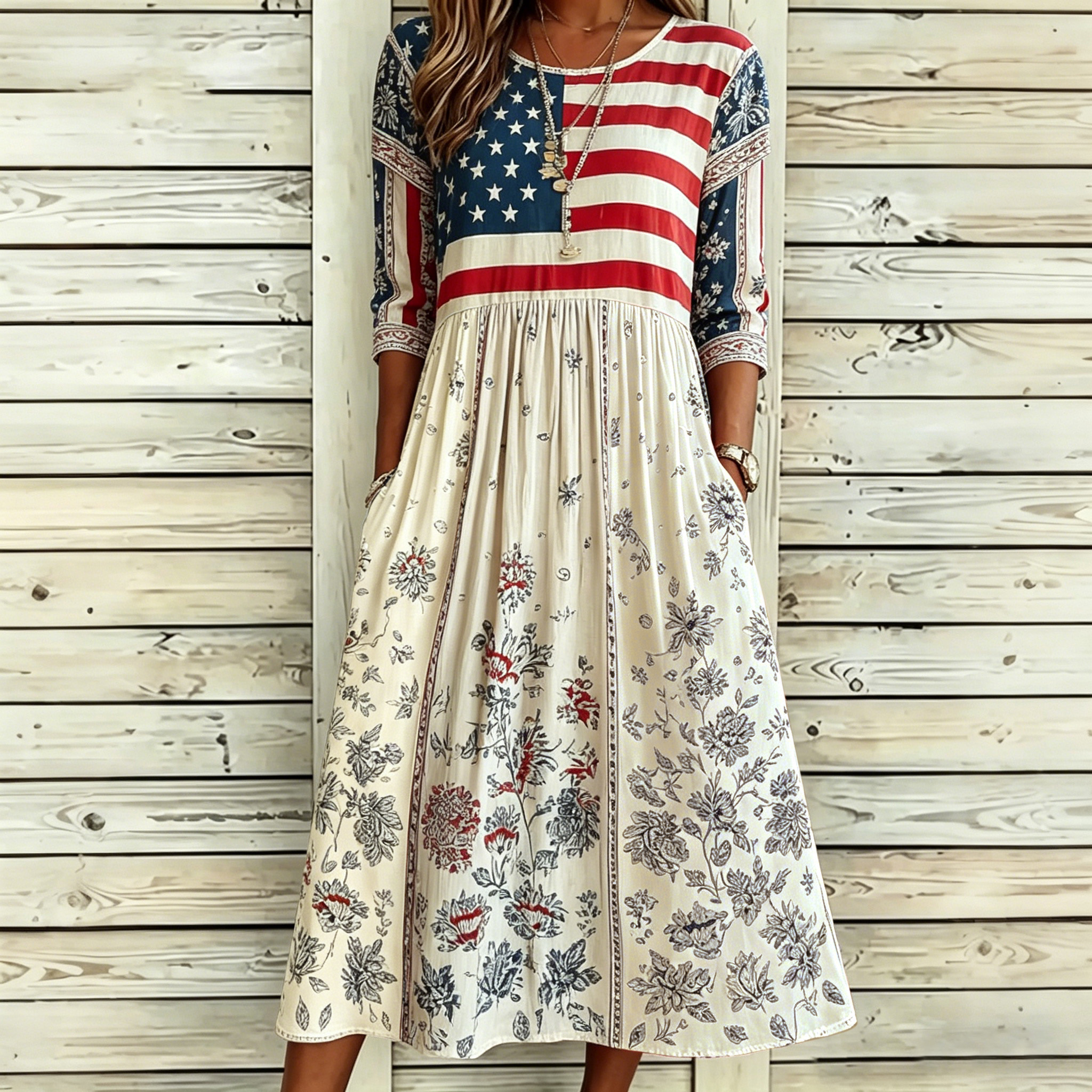 Comstylish Women's Independence Day Flag And Floral Art Print Cotton Linen Casual Maxi Dress