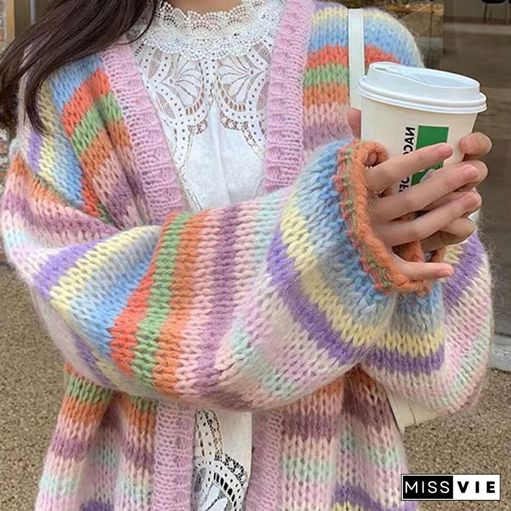 Colorblock Stripe Rainbow Knit Cardigan Sweater
