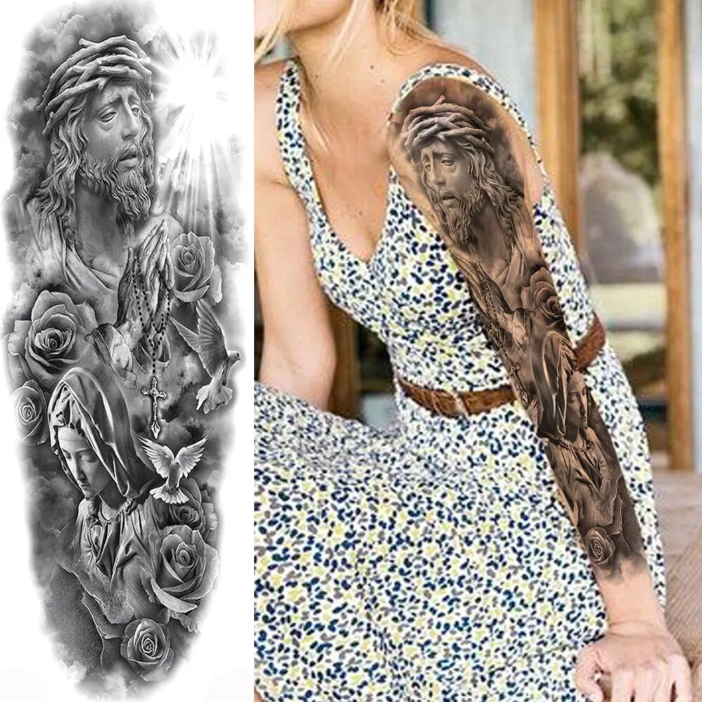 Black Military Maori Totem Temporary Sleeve Tattoos For Men Realistic Fake Full Arm3D Dragon Skull Wolf Lion Robot Tatoos Paste