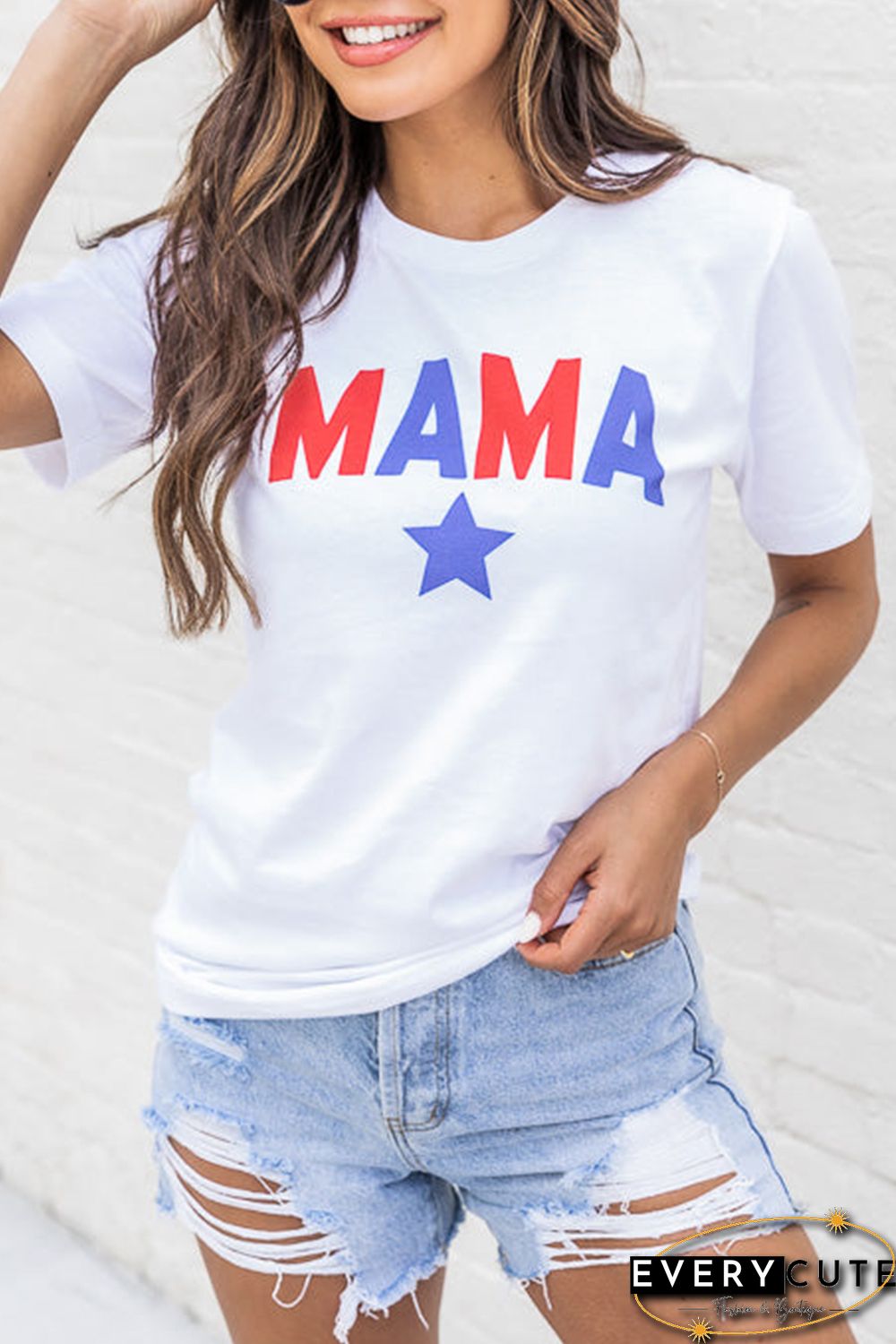White MAMA Star Print Short Sleeve Crew Neck T Shirt