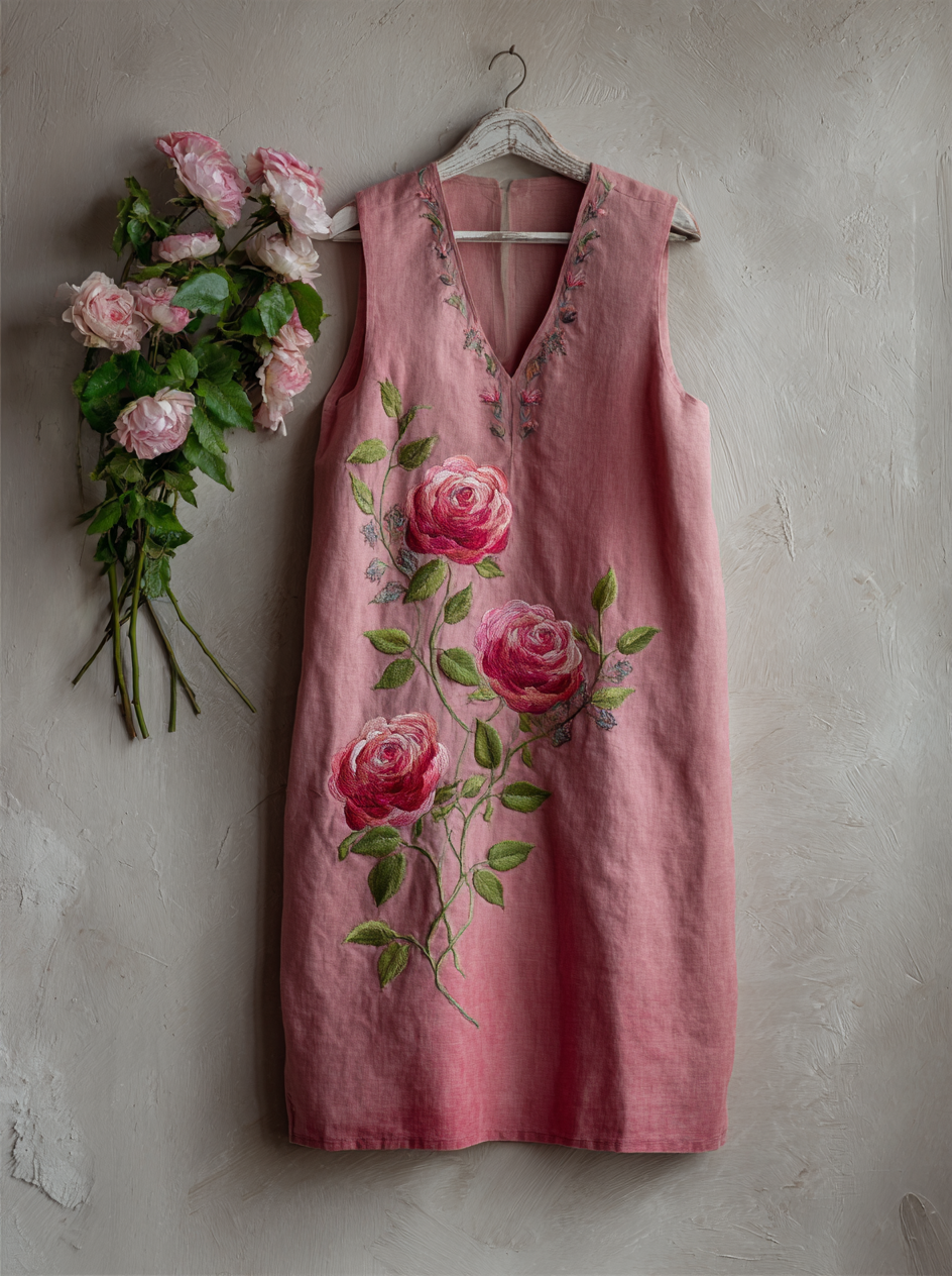Vintage Rose Embroidery In Gradient Pattern Tank Dress elevenforest