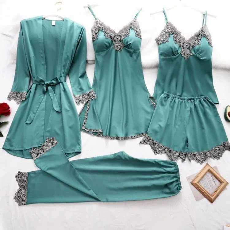 Churchf Simulation Silk Pajamas Lingerie Five-Piece Set Slings Sexy Lady Bathrobe Home Clothes Pajamas