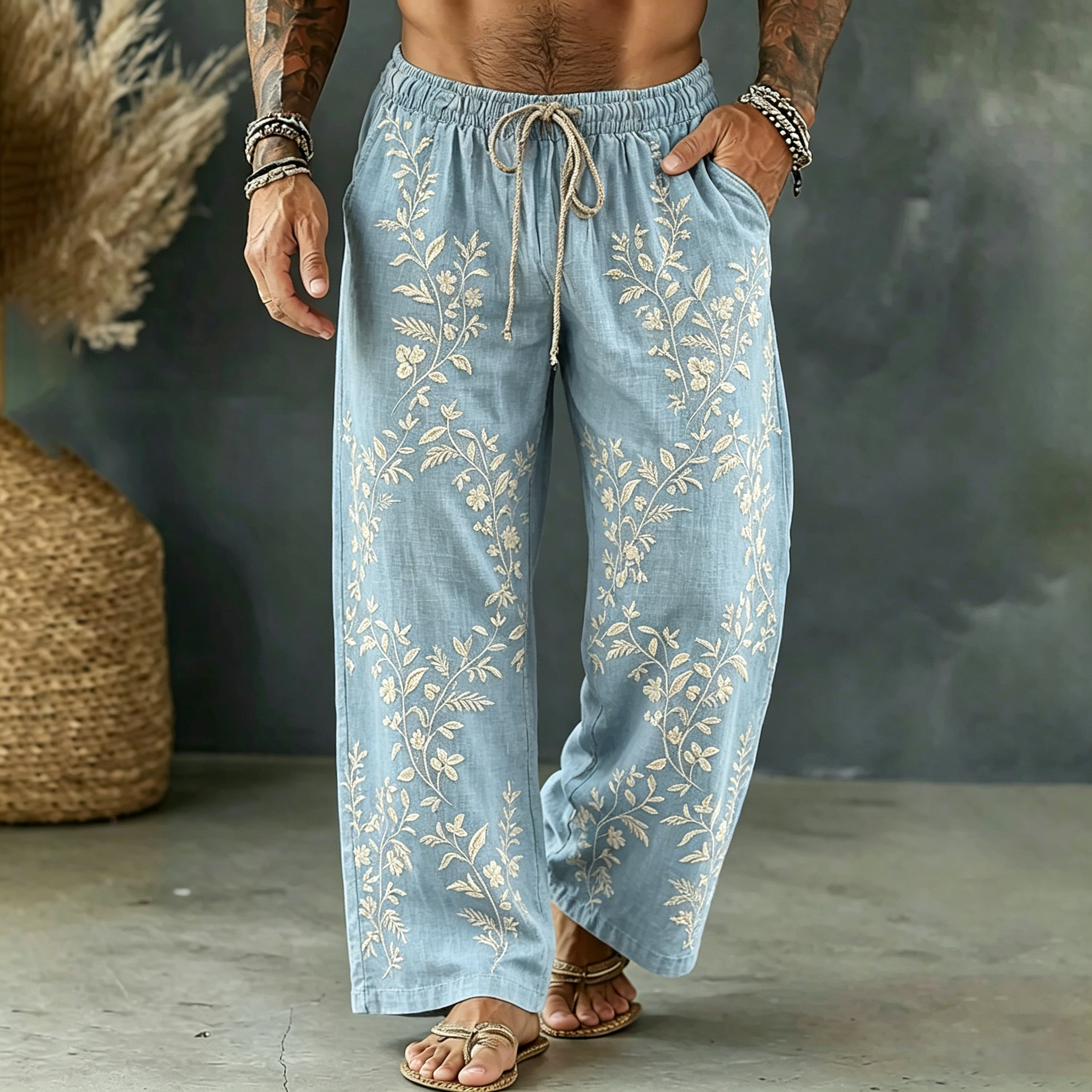 Comstylish Men's Spring Floral Embroidered Art Print Flowy Linen Blend Casual Pants