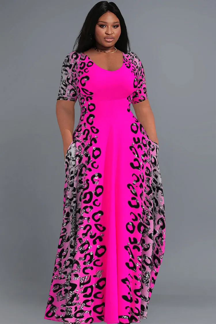 Xpluswear Design Plus Size Casual Hot Pink Leopard Short Sleeve With Pockets Maxi Dress 2024 - Xpluswear