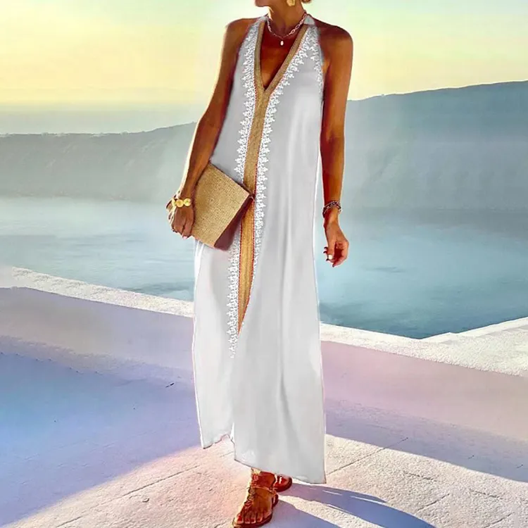 Vacation Style Lace V Neck Sleeveless Maxi Dress