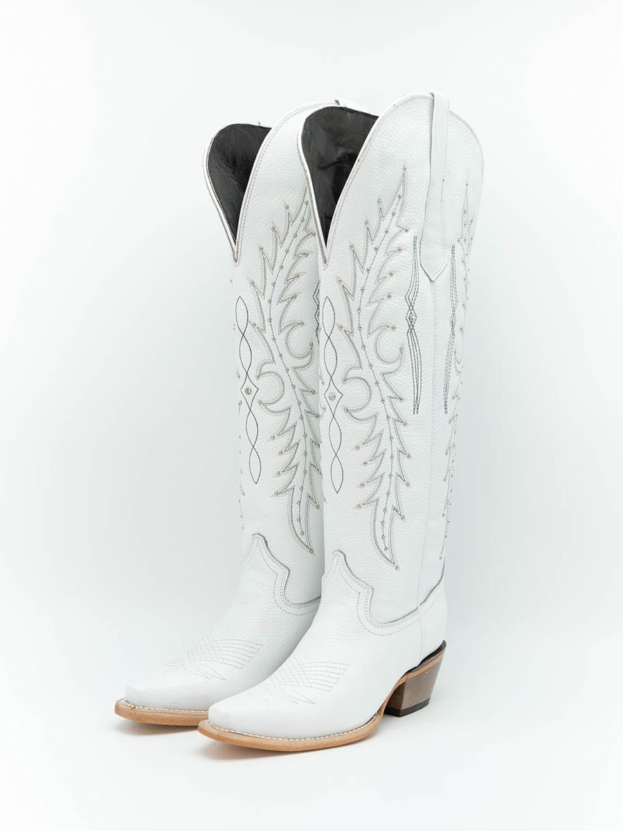 White Vegan Leather Embroidered Knee High Cowgirl Boots With Chunky Heel