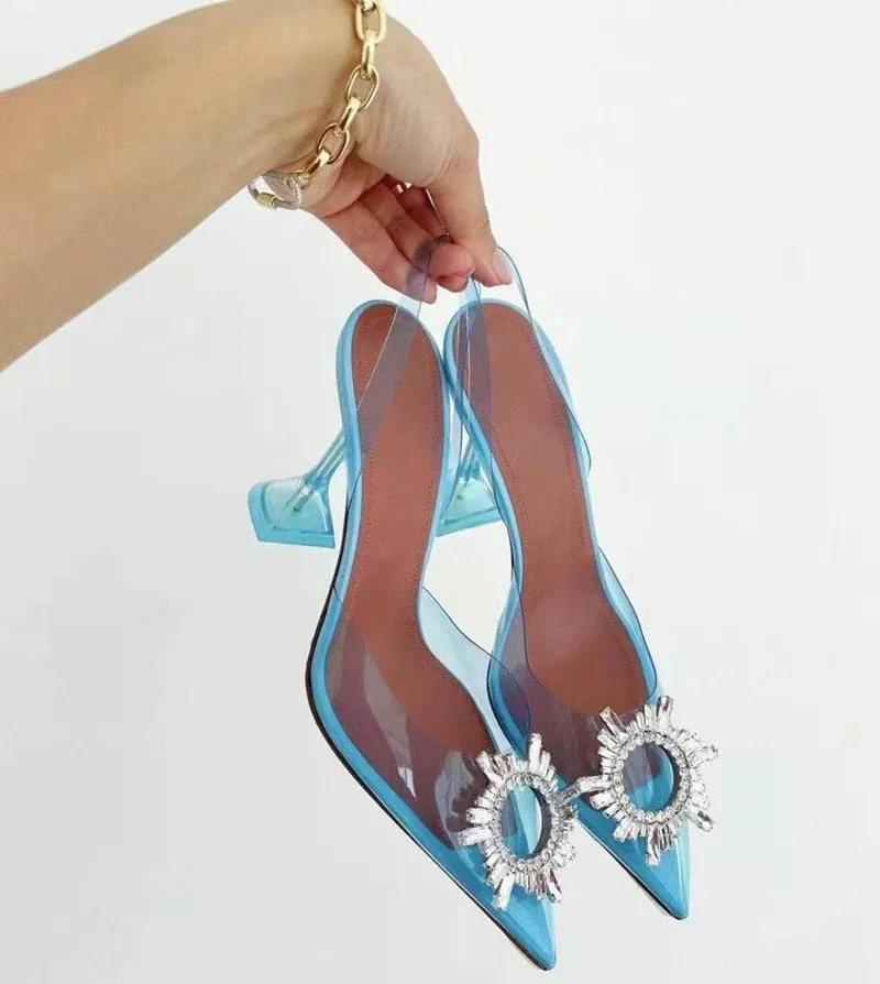2022 New arrival burgundy pointed transparent sandals new stiletto rhinestone sexy Baotou high heels Wedding Shoes