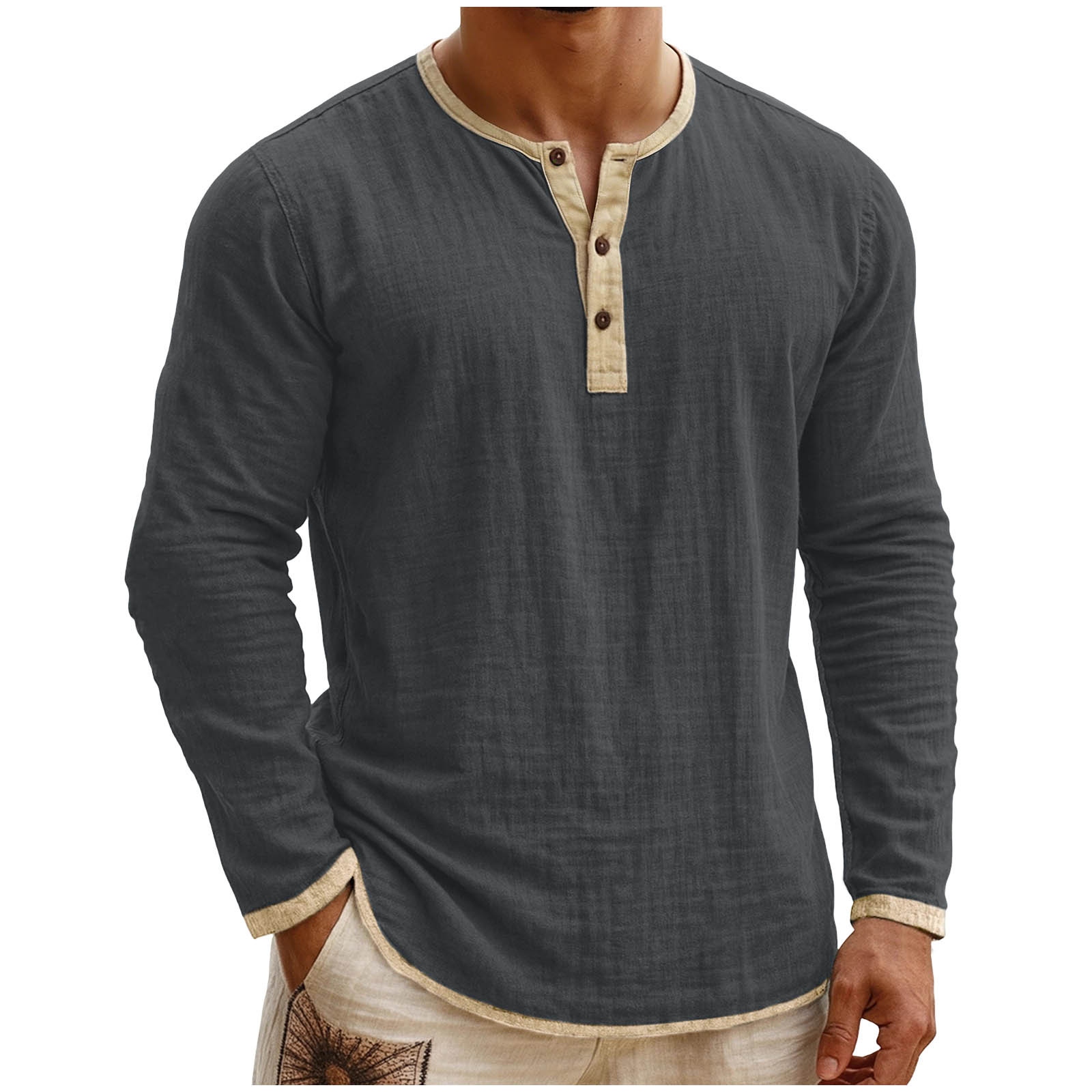 Comstylish Men's Retro Color-blocked Henley Collar Cotton-linen Long-sleeved Shirt