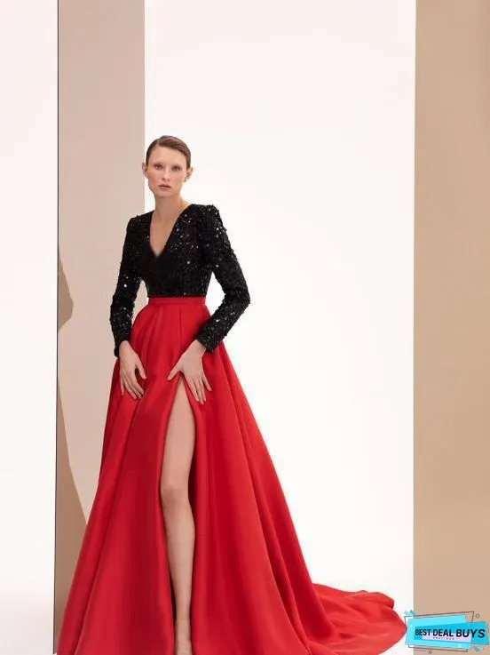 Sequin Split Gown Long Dress V-Neck Long Sleeve Party Dress