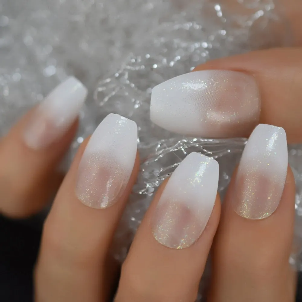 Pearl Shine Glossy Fake Nails Shimmer White Square Ombre French Nail Faux Ongles Gradient Medium Fingernails with Gluetabs-Nail Inspo