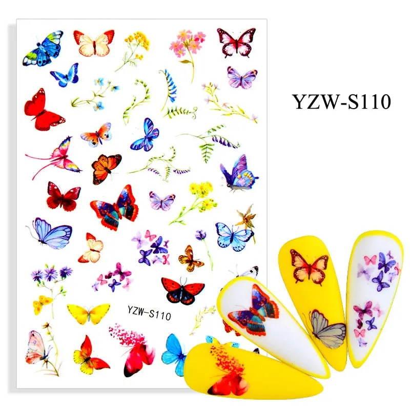 1pc Holographic Blue Nail Stickers Pink Colorful Butterfly Art Sticker With Adhesive DIY Extension Flowers Rose Nail Decoration-Nail Inspo