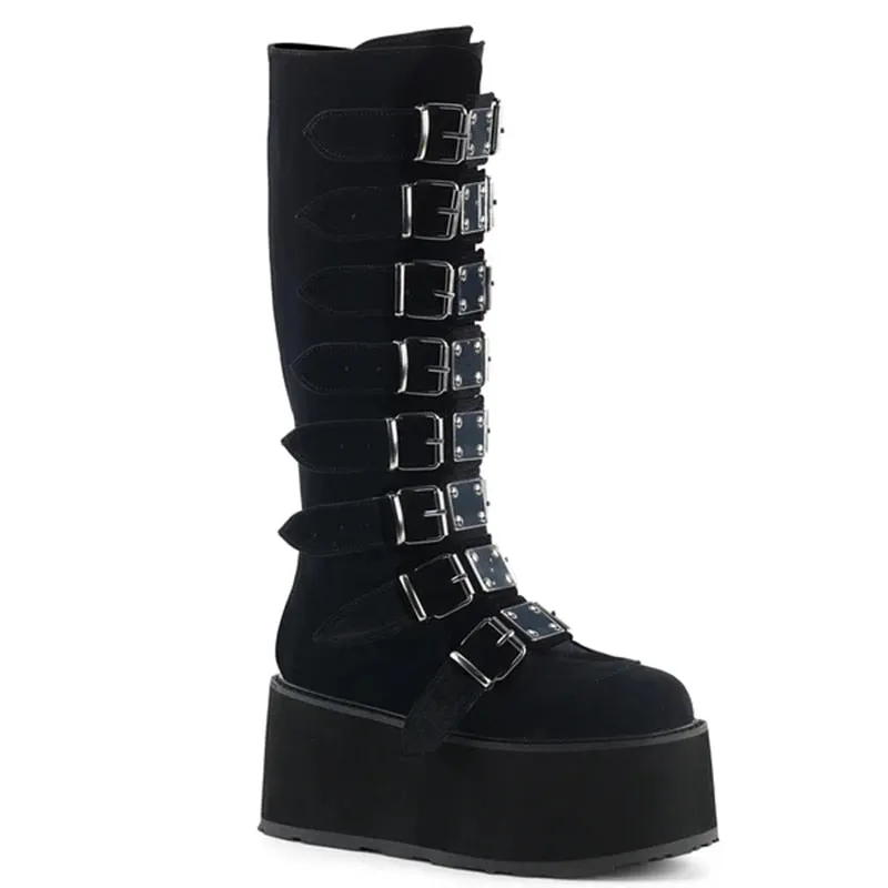 Leather Women Mid-Calf Boots Gothic Style Cool Punk Motorcycles Females Boot Platform Wedges High Heels Calf Boots Women's Shoes