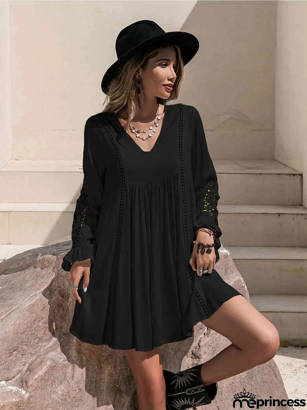 Lace Detail V-Neck Mini Dress