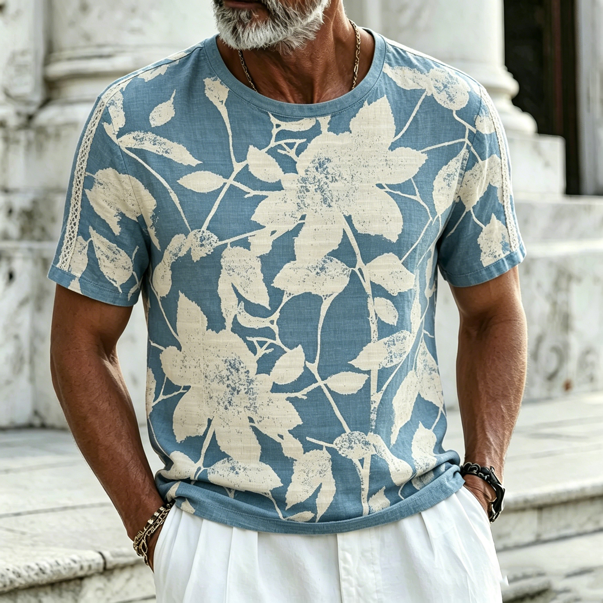 Comstylish Men's Retro Bohemian Floral Print Casual Linen T-shirt