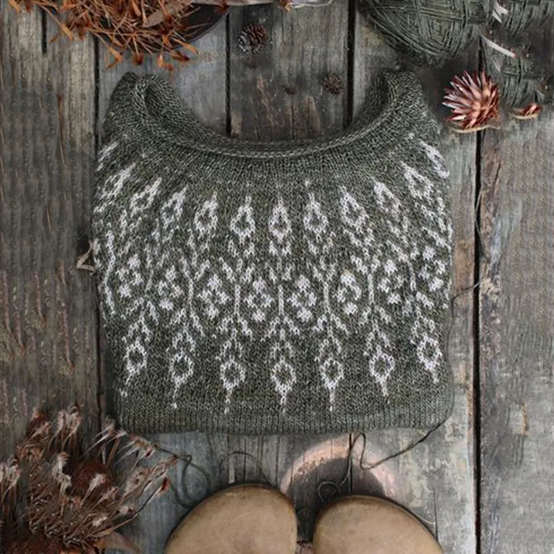 Vintage Icelandic Tribal Pattern Printed Round Neck Knit Sweater