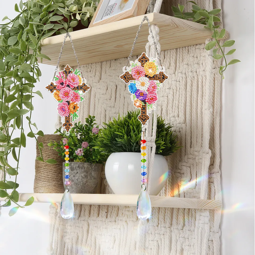 2Pcs Cross DIY Acrylic Diamond Painting Art Wind Chimes with Crystal Pendant Diamond Art Hanging Pendant Double-Sided for Adults Beginners Gift Home Garden Decor