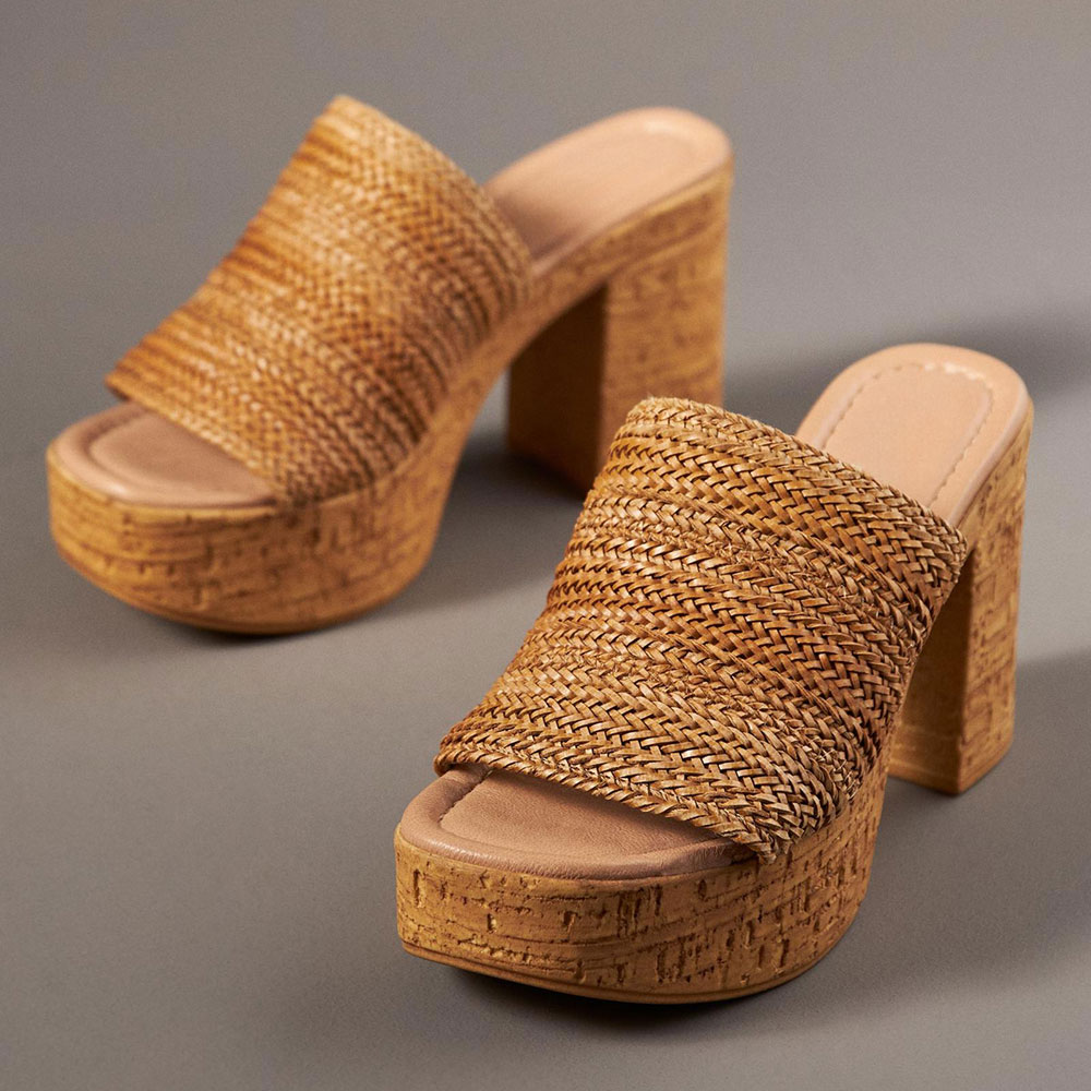 Tan Open Toe Block Heel Woven Slip-On Platform Women's Mules Shoes Nicepairs