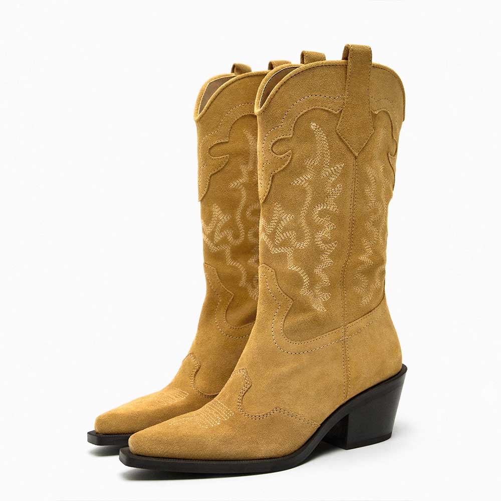 Light Brown Faux Suede Closed Toe Chunky Heel Mid-Calf Cowgirl Boots