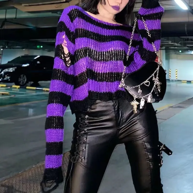 Churchf Churchf Hole Ripped Short Sweater Female Couple Striped Loose Punk Dark Sweater Versatile Knit