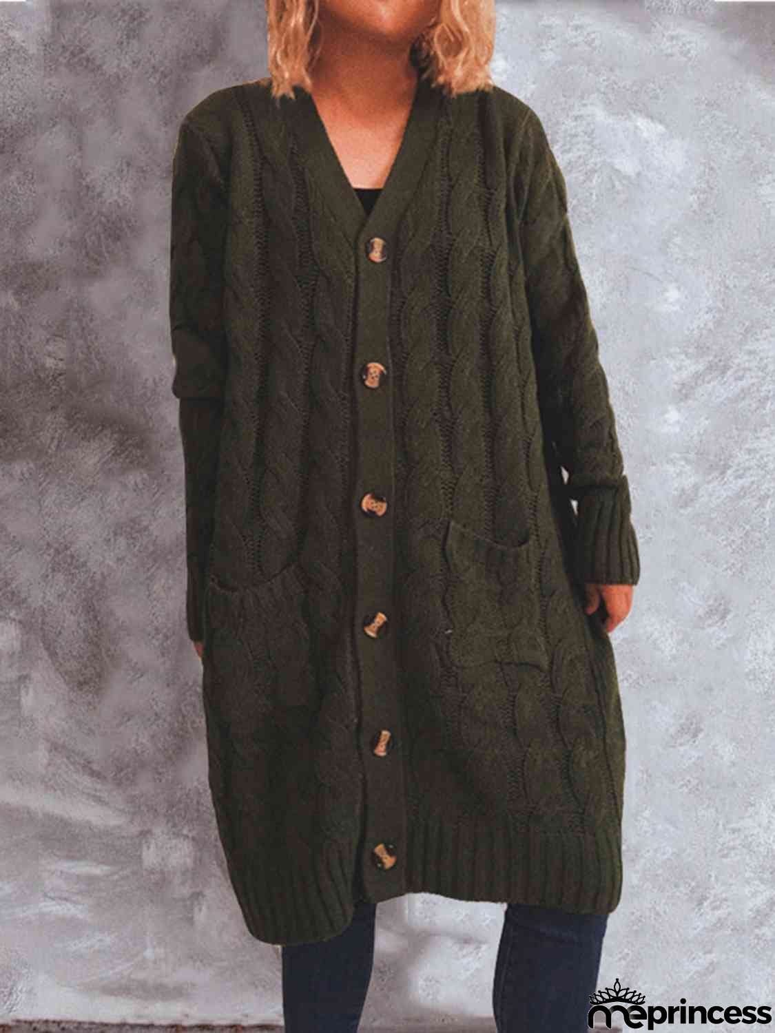 Button Up Cable-Knit Cardigan with Pockets