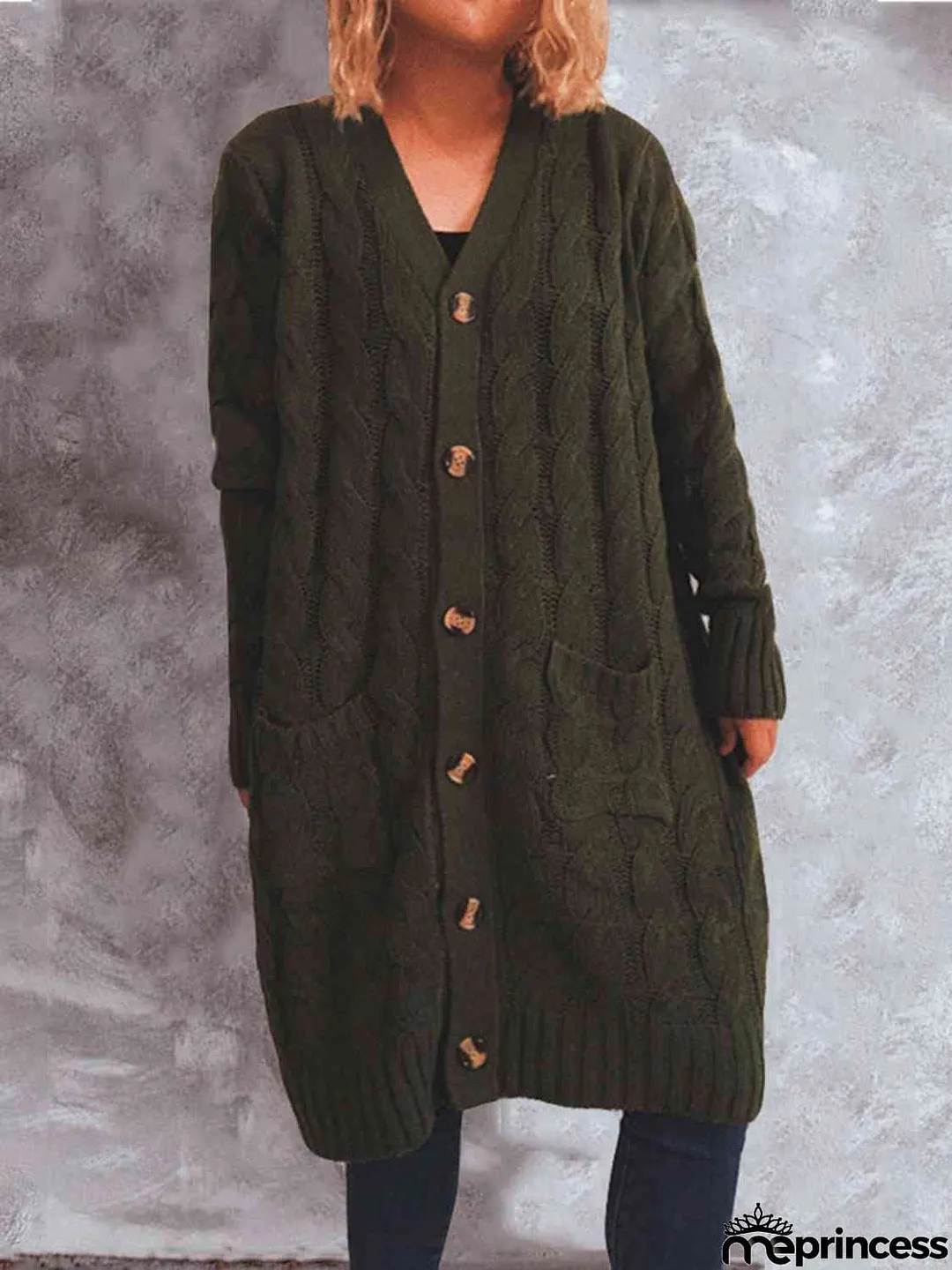 Button Up Cable-Knit Cardigan with Pockets