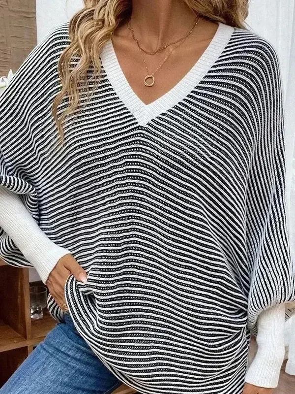 Athvotar Athvotar And Winter New Loose Knitted Stripes V Collar Bat Sleeve Splicing Stuff Sweater Women's Clothing