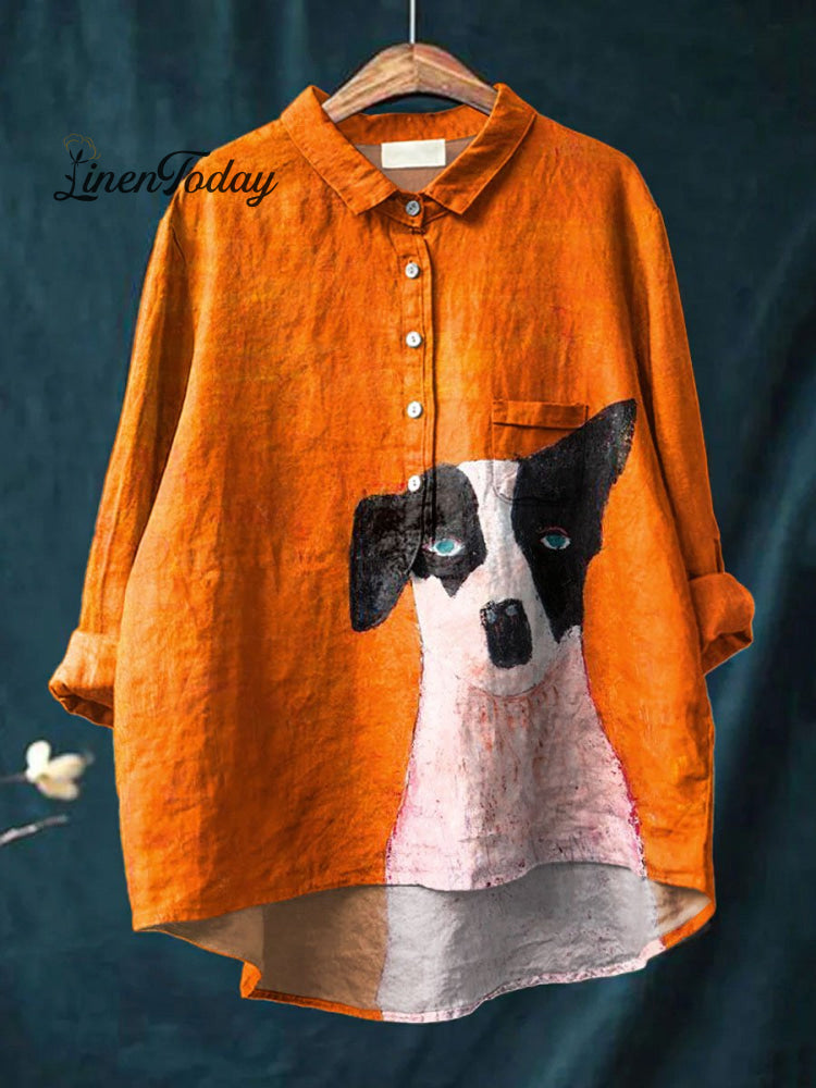 Women&rsquo;s Vintage Cute Dog Art Print Casual Cotton And Linen Shirt Multicolor / S