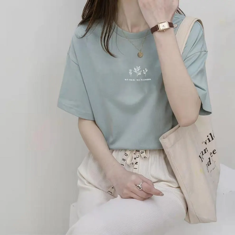 Brownm Brownm Sleeve Korean Round Collar T-Shirt Female 2024 Summer Loose Plant Print Casual Solid Color Student Half Sleeve Top Tide